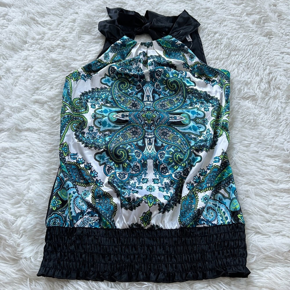 Studio Y Womens Top Halter Bow Neck Small Whimsigoth Satin Retro Smocked 14159